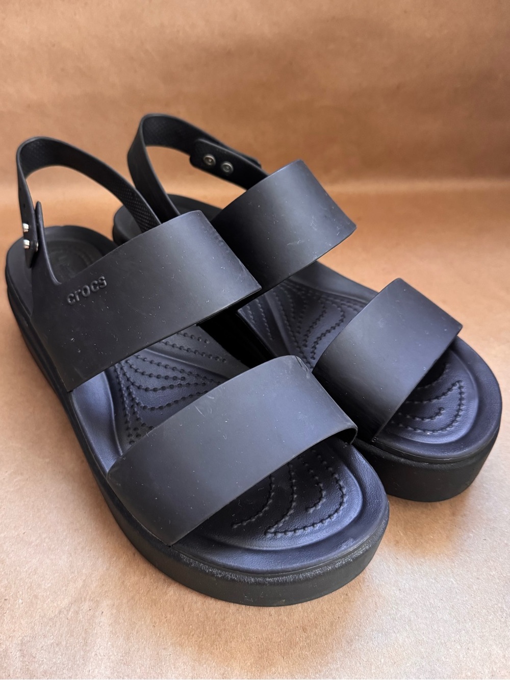 Crocs Brooklyn Low Wedge Black Sandals. Size 10